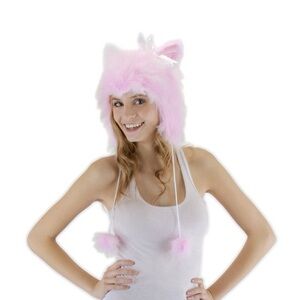 NWT Elope Pink Faux Fur Fuzzy Cat Hat Hood with white bow